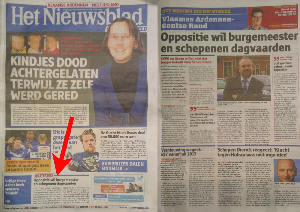 Oosterzele was voorpaginanieuws, Nieuwsblad vrijdag 14 december 2012