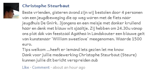 het bericht dat Christophe achterliet op de facebookpagina van jeugdhuis De Gnirk