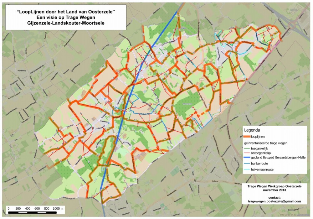 bovenop deze kaart van Noord-Oosterzele, met de inventarisatie van toegankelijke (groene) en niet-toegankelijke (rode) trage wegen, tekende de werkgroep "looplijnen" (dik oranje)