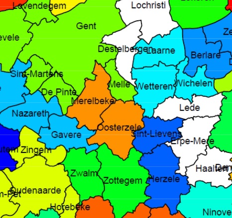 Kaart uit de studie van Vives (KU Leuven) met suggesties voor gemeentefusies in Oost-Vlaanderen